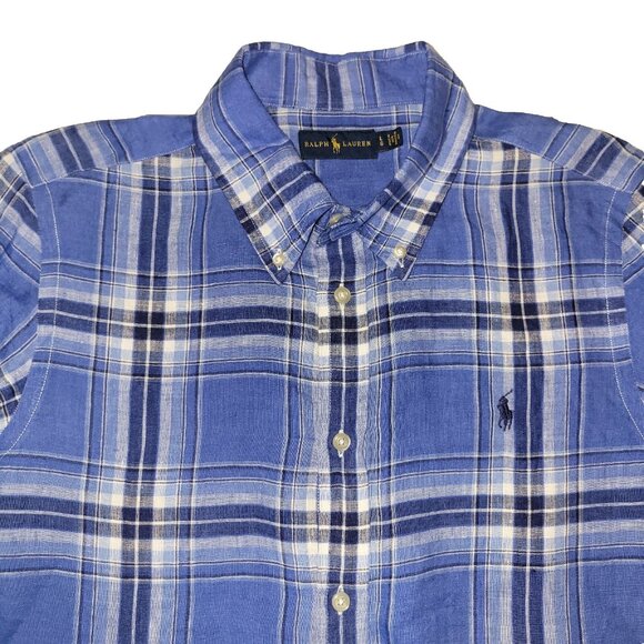 Ralph Lauren Shirt Mens Large 100% Linen Blue White Plaid LS Button-Down - Picture 1 of 16